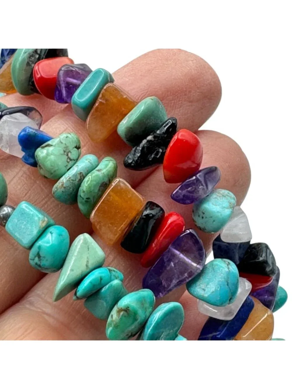 Multi-Strand Southwestern Gemstone Bracelet .925 Turquoise Coral Amethyst Lapis